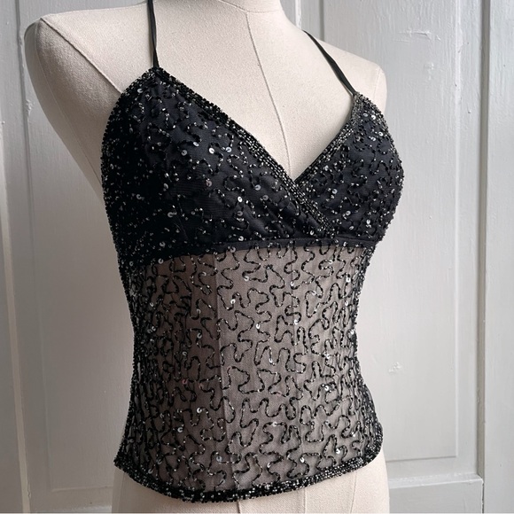 SOLD Vintage 90s/Y2K Beaded Sequin Sheer Mesh Open Back Tie Halter Top - Picture 2 of 7